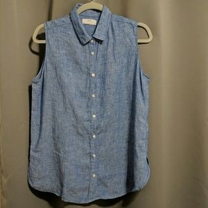 Uniqlo Blue Linen Sleeveless Collared Shirt